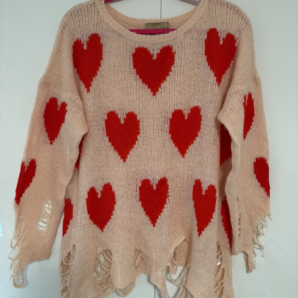 Wildfox Cream Heart Print Distressed Knit Sweater